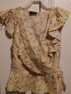 Yellow Floral Ruffle Wrap Blouse - Women